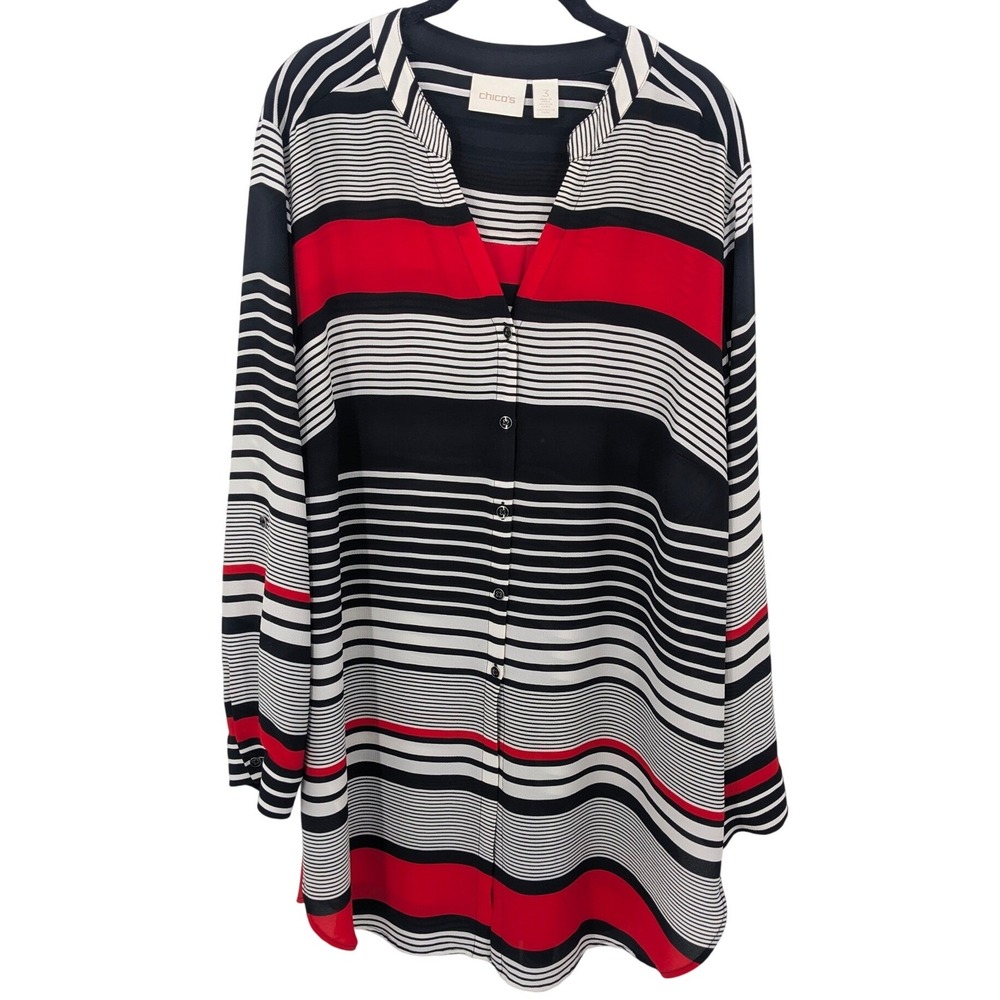 Chicos Tunic Top‎ Womens XL Red Black Striped Button Up Blouse Mature Office